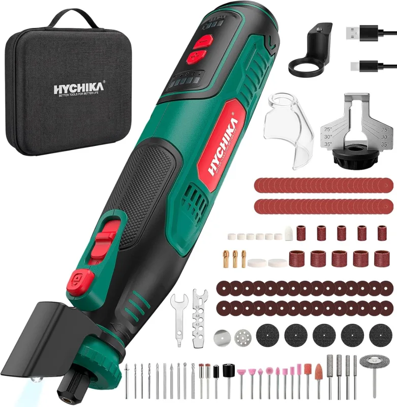HYCHIKA Cordless Rotary Tool 8V 2.0Ah Larger Battery, 5 Speed Max 30000RPM, 145 Accessories Kit with Chain Sharpener and LED Light, for Sanding, Polishing, Cutting, Drilling, Engraving