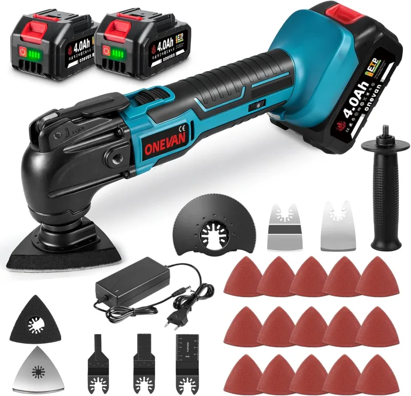 ONEVAN Wireless Oscillating Multifunction Tool, 2 x 4.0Ah Batteries, Oscillating Multitool, 22 Accessories, 4° Oscillation Angle and 6 Speeds 20000 RPM, Multifunction Tool for Li Cutting