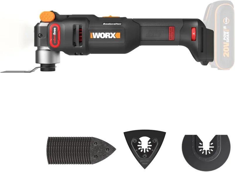 WORX WX698.9 NITRO 20V Cordless Multifunction Tool Cutting, Sawing, Grinding, Scraping, Scraping, Brushless, Universal Attachment System, 23 Accessories, No Battery or Charger