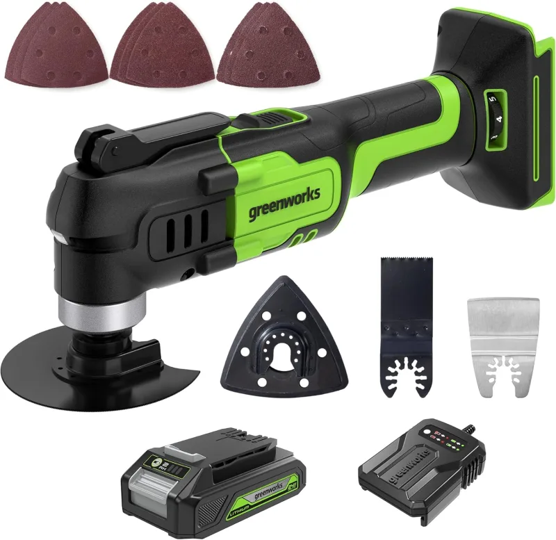 Greenworks Multifunctional Tool 24V G24MT (Li-Ion 24V 18000 Oscillations Per Minute Arc Oscillating 3° Speed Variable Blade Change Toolless LED Light with Battery and Charger)