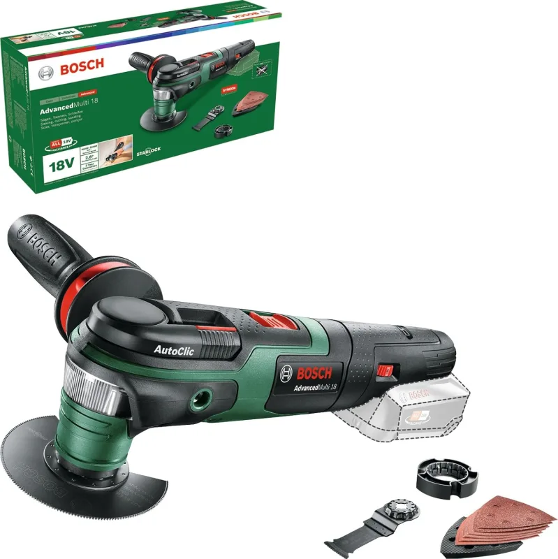 Bosch AdvancedMulti 18 Battery Powered Multi-Tool (Without Battery, Delta Sanding Plate, Sanding Blade Set, 2 Saw Blades, Additional Grip, Cardboard Box, 18V System)