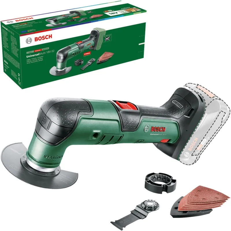 Bosch multiherramienta con batería UniversalMulti 18V-32 (para serrar, cortar, lijar; 1 hoja de sierra; 1 cuchilla de corte; 1 placa lijadora; 6 hojas de lija; 1 tope de profundidad; sin batería)