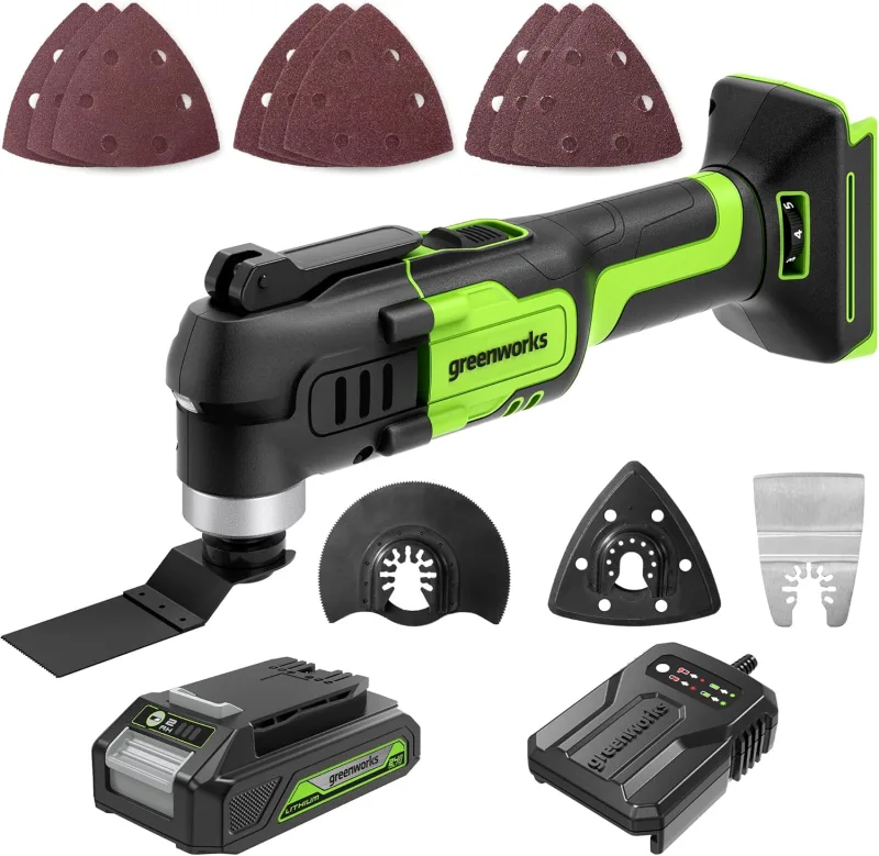 Greenworks Battery Operated Oscillating Multitool, 24V Oscillating Tools with 2Ah Battery and Charger, 6 Adjustable Speeds for Removing, Scraping, Cutting, Polishing with 13 Accessories