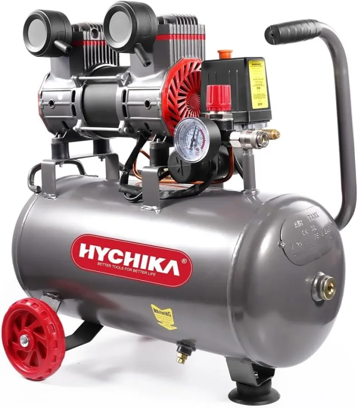 HYCHIKA Compresor Aire, Compresor Silencioso Portatil 8 Bar, 24L, 230V-240V, Sin aceite, 1100W Max, 24 Litros Compresor de Aire para Coche, Pulverización de pintura, Presión de escape regulable