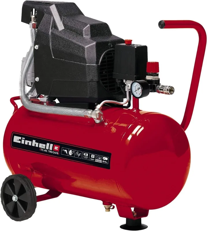 Einhell Compresor TC-AC 190/24/8 (máx. 8 bar, depósito de 24 l, lubricación por aceite, reductor de presión, manómetro + acoplamiento rápido, válvula antirretorno, soporte con tope de goma)
