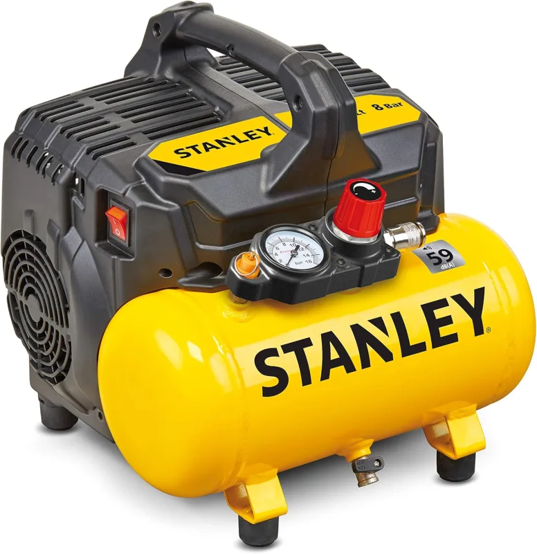 Stanley Compresor Aire DN200/8/6 - Inflador Ruedas Coche 8 Bar - Compresor de Aire Portatil 6L - Compresor de Succión sin Aceite 105L/Min - Con Asa y Pies Antideslizantes