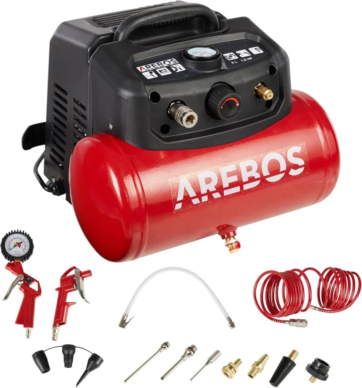 Arebos Compresor de aire comprimido | Incluye 13 accesorios | Compresor silencioso | compresores para pintar | Compresor aire electrico | Bajo mantenimiento | Apagado automático | 6 Litros