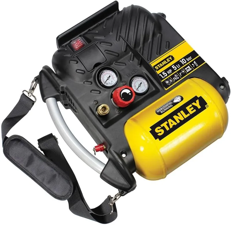 Stanley Compressor DN200/10/5 - Compresor Aire Coche 10 Bar - 5L - 180L/Min - Compresor de Aire Portatil con Asa y Correa de Transporte - Amarillo