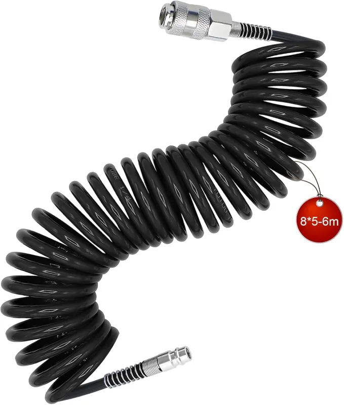 6 m Air Compressor Hose, Spiral Compressed Air Gun, Diameter 8 x 5 mm Compressor Hose, Black, with Connector, for Home, Workshop, Car Repair Shop