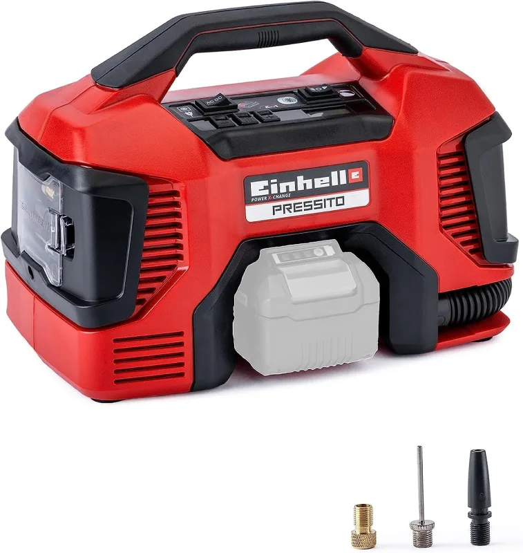 Einhell Pressito Power X-Change 18V Hybrid Compressor with Power Cord or Rechargeable Battery, Includes 3-Piece Inflation Kit, No Battery or Charger