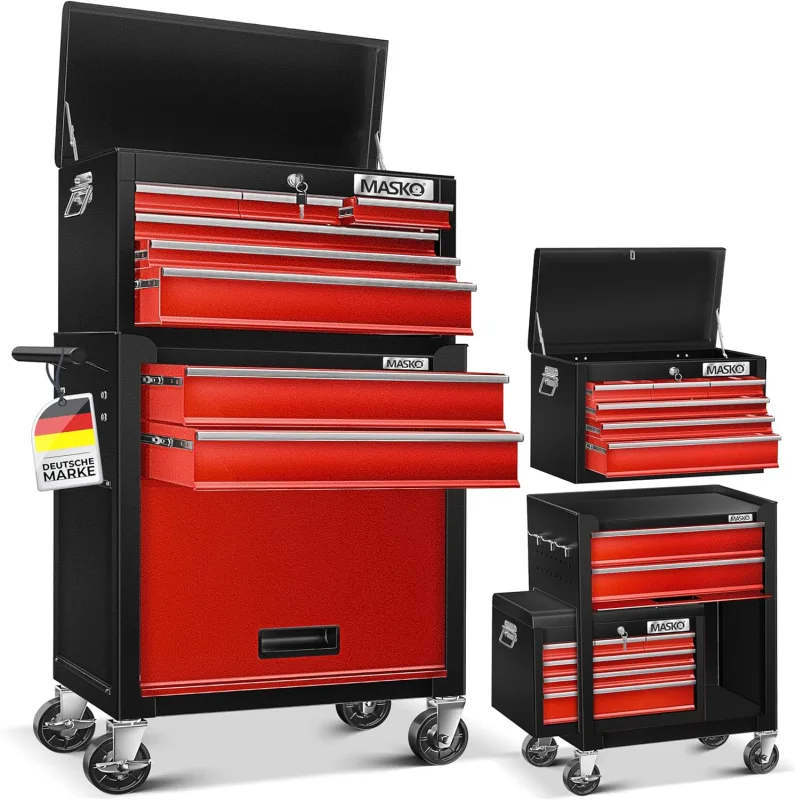 MASKO® Carro de taller con maletín incluido, 9 compartimentos con cerradura metal macizo, sin herramientas, para guardar herramientas, rojo
