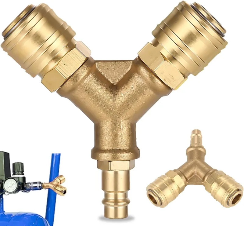 Brass Air Compressor Accessories,Compressed Air Distributor 2 Way Compressed Air Connector with 1/4 inch Connector and Plug NW 7.2,Quick Coupling Brass Air Y Distributor