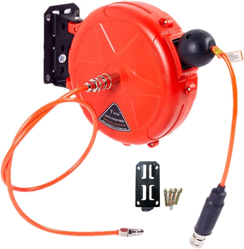 Carrete de manguera neumática retráctil, herramienta de manguera de aire de rebobinado automático montado en la pared de 10 m con soporte giratorio | Suministros de compresor de aire para taller