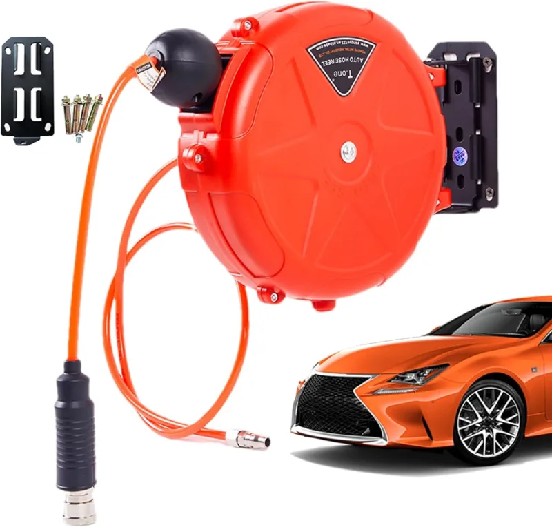 Carrete de manguera de aire | Herramienta de rebobinado automático de 10 m, carrete comercial con soporte giratorio, acoplador rápido, accesorios de compresor de aire para garaje, taller, reparación