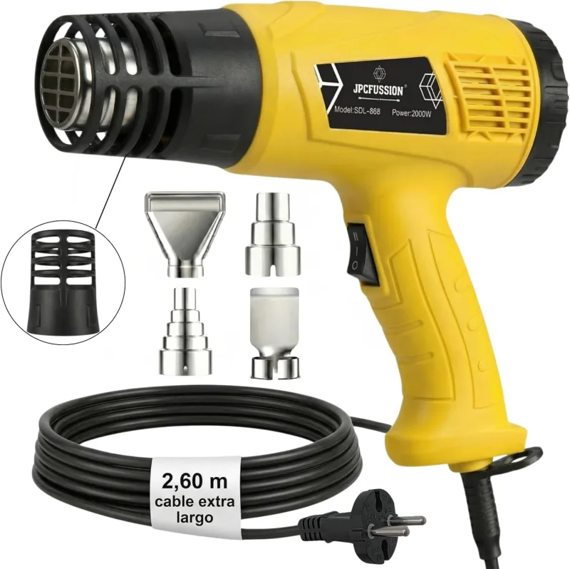 Heat Gun 2000W | 2 Temperature Levels 400–600°C | Premium Kit Hot Air Gun with Anti-Burn Guard and 4 Nozzles | Manual in Spanish