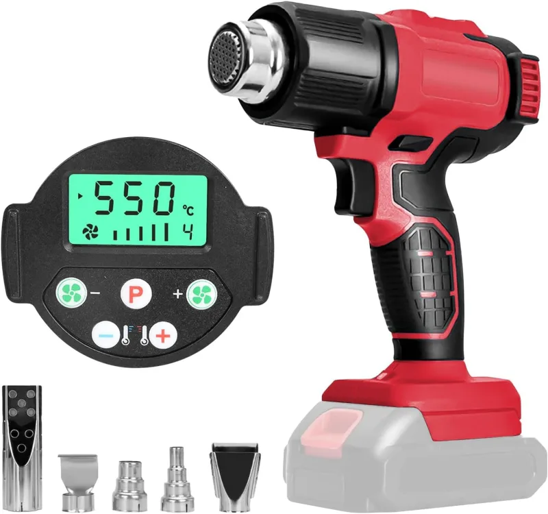Cordless Hot Air Gun Compatible with Milwaukee 18V Battery, Variable Temperature Control 50℃-550℃, with LCD Digital Display for Paint Stripping, Soldering with 5 Nozzles