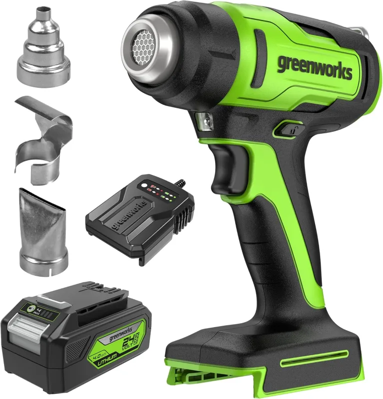 Greenworks 24V Cordless Heat Gun Kit, 4.0Ah Battery and Charger Included, Hot Air Tool, Max to 1000°F/538°C with 3 Nozzles for Home, Garage, Outdoor