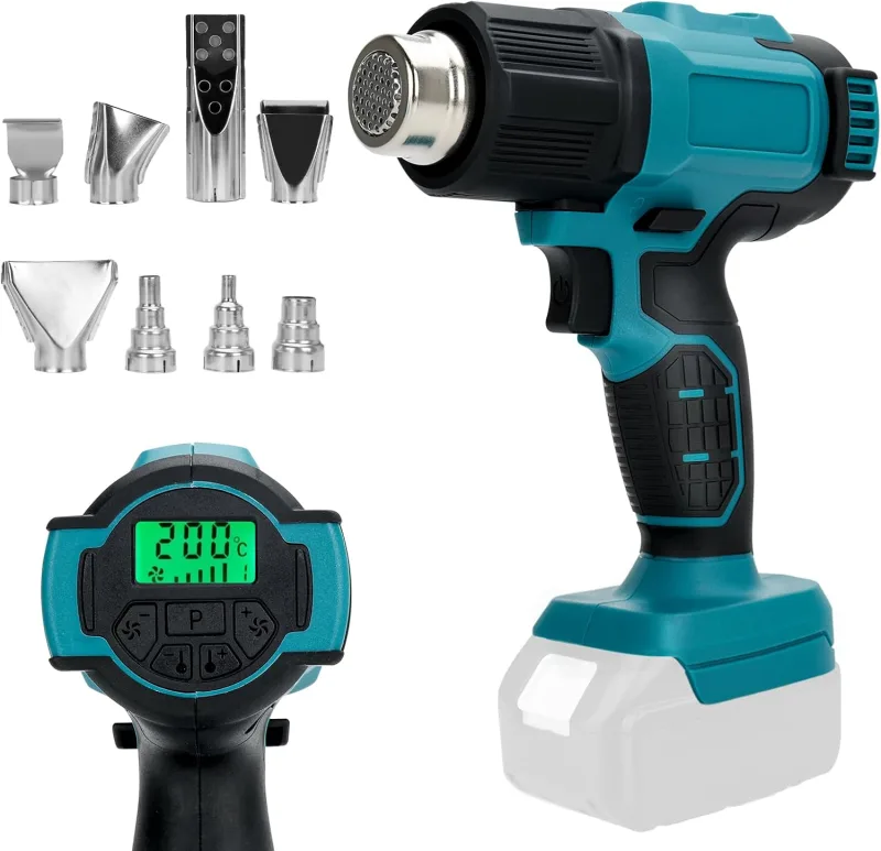 Cordless Heat Gun Compatible with Makita 18V Batteries, Hot Air Gun with 8 Nozzles, Digital LCD Display, 4 Temperature Settings, Max. 500°C (without battery)