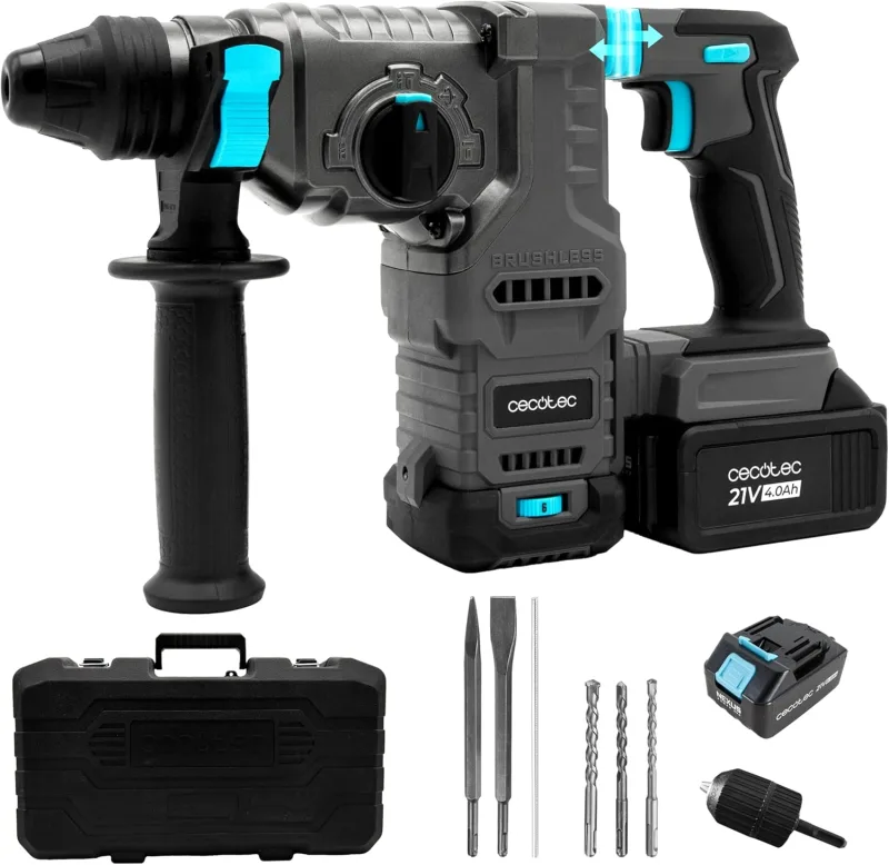 Cecotec Martillo Perforador Demoledor - PowerForce 8000 ShockAbsorber Killer - SDS Plus, Batería NEX21, Motor Brushless, Shock Absorber, Percutor 3J, Adaptador Brocas, Maletín, Brocas y Cinceles