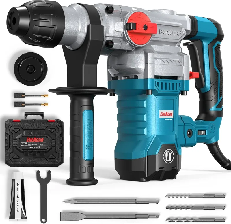 ENEACRO Martillo Perforador 1500W, 6J Energía de Impacto, 6 Velocidades，SDS Plus Mandril, 4 Funciones con Embrague de Seguridad& Control de Vibración Incluyendo Cinceles y Brocas con Caja Azul