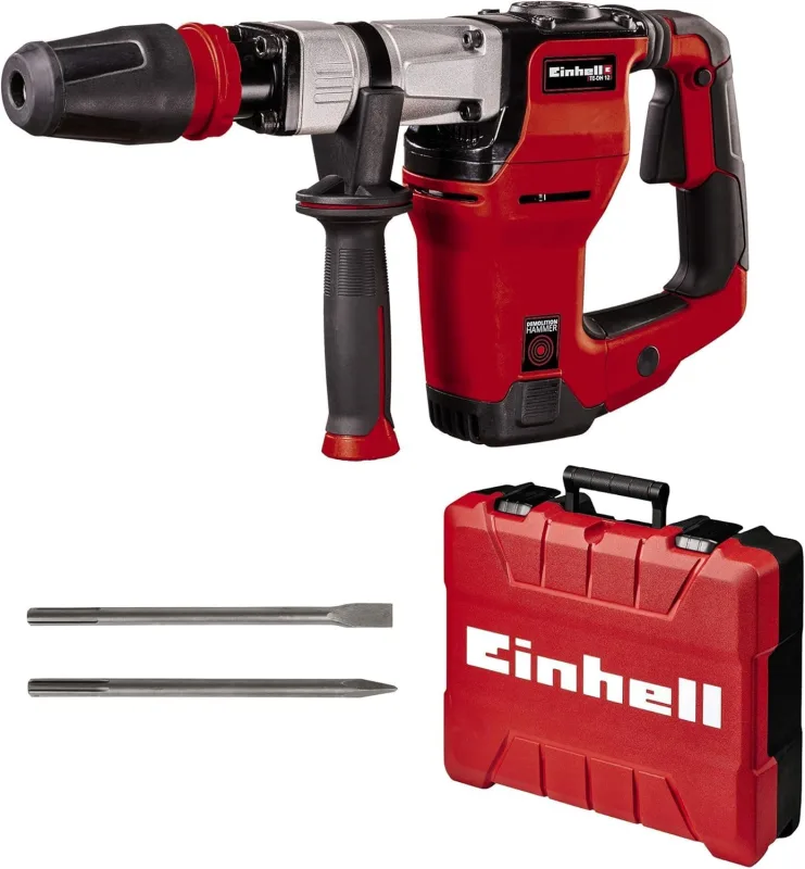 Einhell Martillo de demolición TE-DH 12 (1050 W, 12 J, toma SDSmax, empuñadura con amortiguación vibrac.,empuñadura adicional ajustable, 4m cable, incl. cincel puntiagudo y plano, incl. E-box)