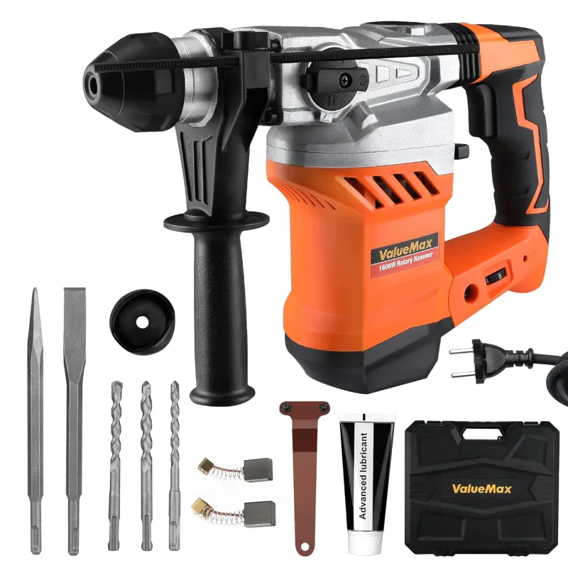 ValueMax Martillo Perforador 3 en 1, Martillo Electrico de 1600W, 0-800rpm, 3 modos y 4 velocidades variables，incluye 3 brocas para martillo perforador SDS Plus, para Hormigón, Metal y Piedra