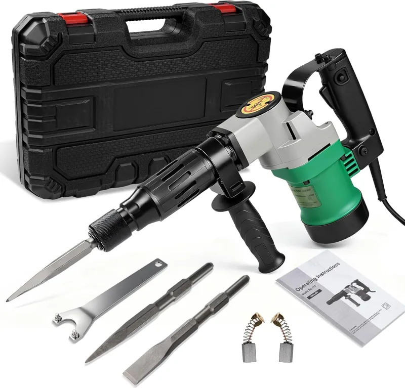 Electric Demolition Hammer 1400W, 2 in 1 Hammer Drill SDS-Plus 30J with anti-vibration handle, 2 chisels and as well as a plastic box for chiseling and grinding concrete