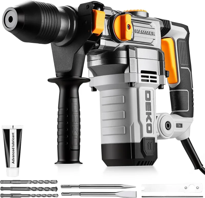 DEKOPRO Martillo Perforador de 1500W: Martillo Percutor con Energía de Salida de 5.5J, con SDS-Plus, 1000 RPM, Equipado con 3 Piezas de Brocas y 2 Piezas de Punzones/Punzones Planos