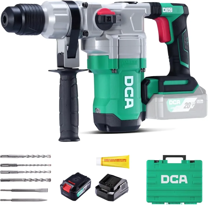 DCA Martillo Perforador sin Cable 20V, 4.5 J de Energía de Golpe y 3800 BPM, 4 Piezas 28mm SDS-Plus, Motor de Alto Rendimiento para Martillo Perforador sin escobillas, Batería 5.0Ah, Cargador Rápido 4