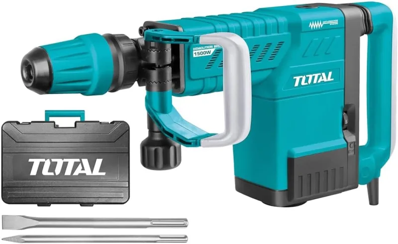 TOTAL - Electric Chopper Hammer - 1500W - 1900 Impacts/min - Anti-Vibration System and SDS max - Force of 25 J Impact - Includes 2 Chisels and Case