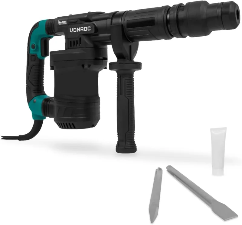 VONROC PRO Demolition Hammer 1200W - 6 kg - Impact: 14 Joule - Impact Rate: 3100 p/m - 5 m Cable - Includes Side Handle, Pointed Chisel, Flat Chisel and Lubricant