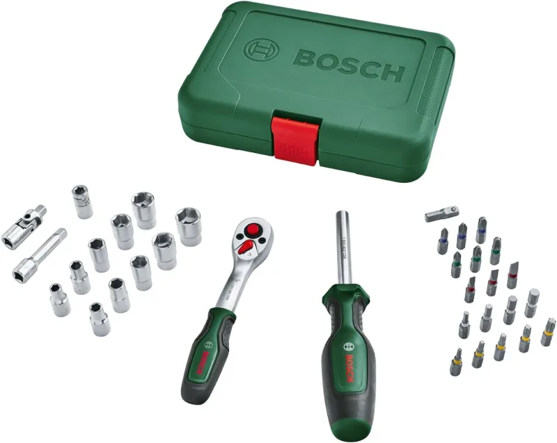 Bosch 1/4" Drive Ratchets/Socket Set, 34 Pieces (Versatile Good Quality Socket Set for DIY Tasks Ergonomic Soft Grip Grip, Magnetic Bit Holder)