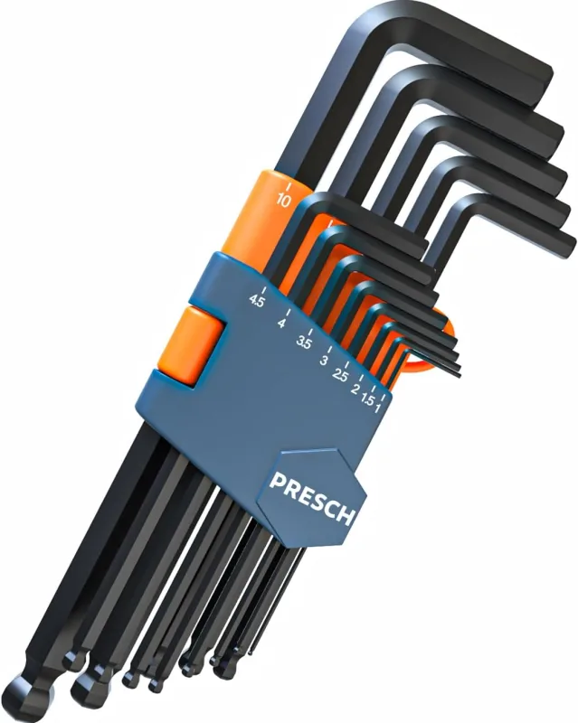 Presch - Juego de 13 llaves Allen hexagonales con cabezal de bola, juego profesional de llaves Allen HX, pequeño y compacto con soporte