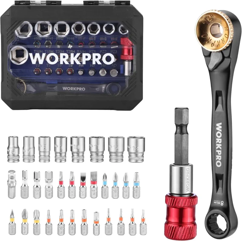 WORKPRO 1/4 Cr-V Ratchet with Socket Wrench Set - 34 Piece Ratchet Set with Magnetic Screwdriver and Adapter - Compact Tool for DIY and Repair