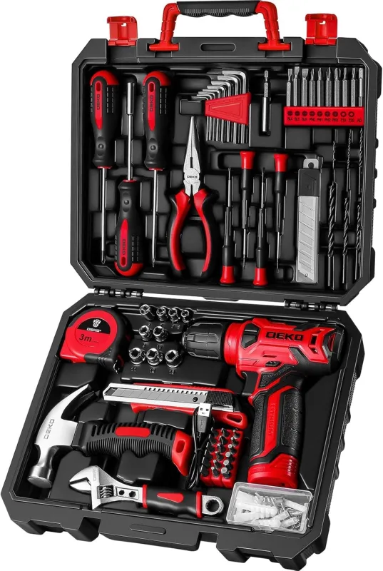 DEKO Complete Tool Box with Electric Screwdriver/Drill with 8V Battery, Case of 126 Pieces, Professional DIY Household Tool Box for Offices and Gardens, Red