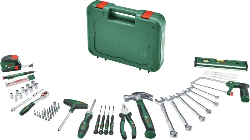 Bosch Advanced Juego herramientas manuales, 64 piezas (kit bricolaje; alta calidad; ergonómico; alicates, llaves, destornillador, carraca, flexometro, sierra, martillo y más)