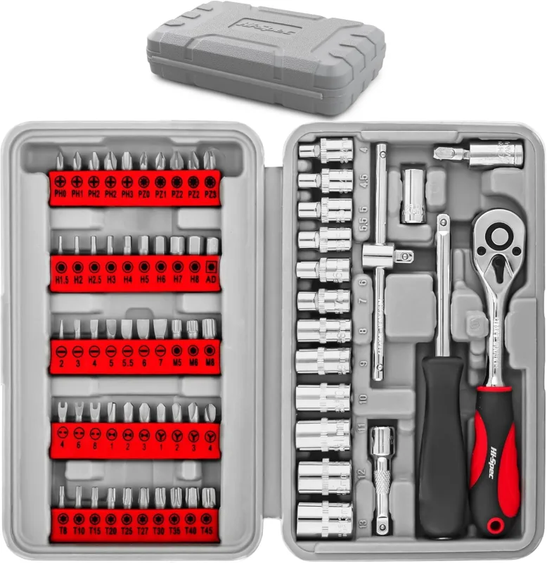 Hi-Spec 69pcs Compact Set with Screwdriver Bits, 1/4" Metric Sockets and Handles. 1/4" Torx Hex Bit Accessories and Tamper Safety in Case