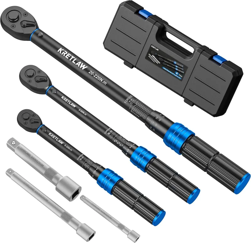 KRETLAW Llave dinamométrica 1/2" & 3/8" & 1/4", Juego con 6 piezas Cricqueta reversible, 20-220Nm, 5-60Nm, 5-25Nm Llave dinamométrica con precisión ±3% (1/2" & 3/8" & 1/4", Juego con 6 piezas)