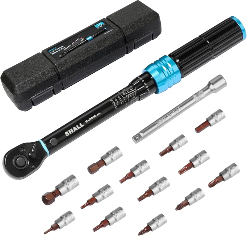 SHALL-Juego de llaves dinamométricas de 15 piezas de 1/4", (2-25 Nm), mantenimiento de bicicletas y motocicletas, con poste de extensión y caja de almacenamiento