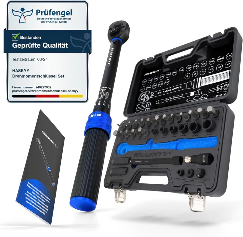 HASKYY Juego de llaves dinamométricas 3/8" 5-60Nm para motocicleta con accesorios - Llave dinamométrica, extensiones, adaptadores, bits - Herramienta de reparación de moto chopper - Serie negra
