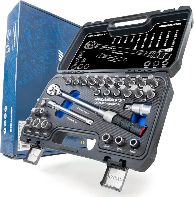 HASKYY Juego de llaves dinamométricas 3/8" 5-60Nm Motocicleta Chopper moto personalizada con muchos accesorios como barra de extensión, puntas, llaves de tuerca, adaptador