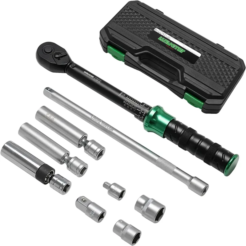 Torque Wrench 3/8 inch, 5-60 Nm Torque Wrench, Bicycle, Motorcycle, Spark Plug Set, 9 Pieces, with 250 mm Extension Bar, 3/8 Inch to 1/2 Inch and 1/4 Inch Adapter, Magnetic and Universal Spark Plug