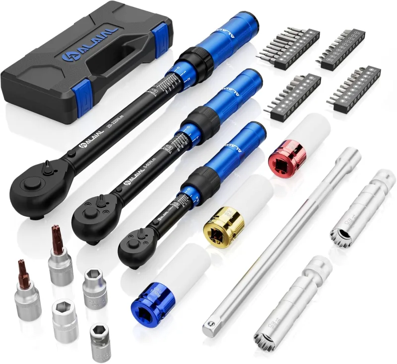 Llave Dinamométrica 1/4", 3/8", 1/2" (3-25Nm, 5-60Nm, 20-220Nm), 54 piezas con Extensión, protectores de neumáticos y bujes magnéticos para bujías, para neumáticos de coches, motos, Bicicletas