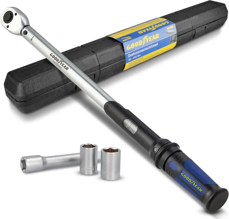 Goodyear Llave dinamométrica de primera calidad, ajustable de 42 a 210 Nm, accionamiento cuadrado de 1/2", incluye extensión y casquillos de 17 mm y 19 mm