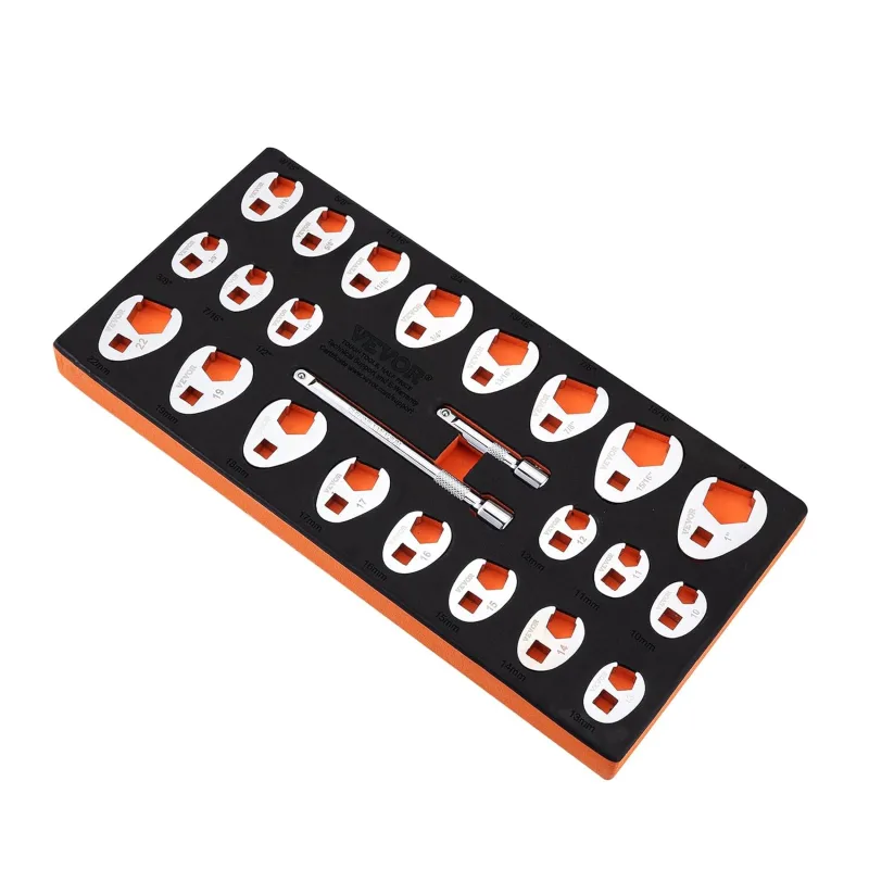 VEVOR Crow's Foot Wrenches 24 Pieces with Drive 3/8" Drive SAE Lever Wrench 3/8"-1" Metric 10-22mm Cr-Mo Steel with Case Compatible with Torque Wrench for Car Repair