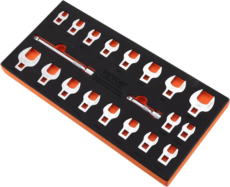 VEVOR Crow's Foot Wrench Set, 20 Piece, 3/8" Drive, Metric 10-22mm SAE 3/8-7/8", 40Cr Steel Lever Wrench, 2 Extension Bars for Torque Wrench Repair