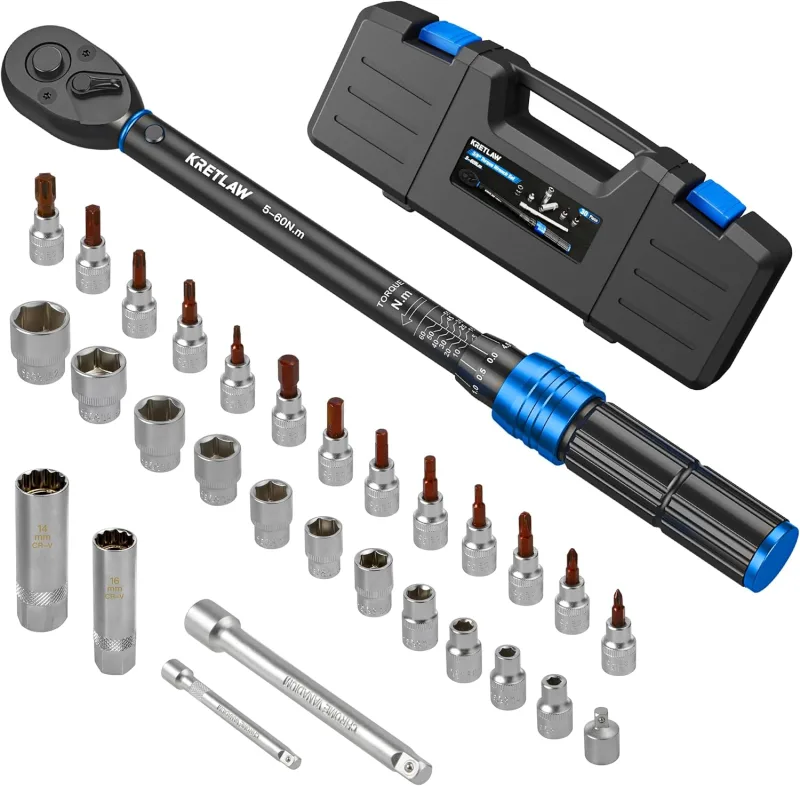 KRETLAW 30 Piece Torque Wrench Set, 3/8" (5-60 Nm), 72 Tooth Ratchet, ±3% Accuracy with Extensions, Sockets and Adapter