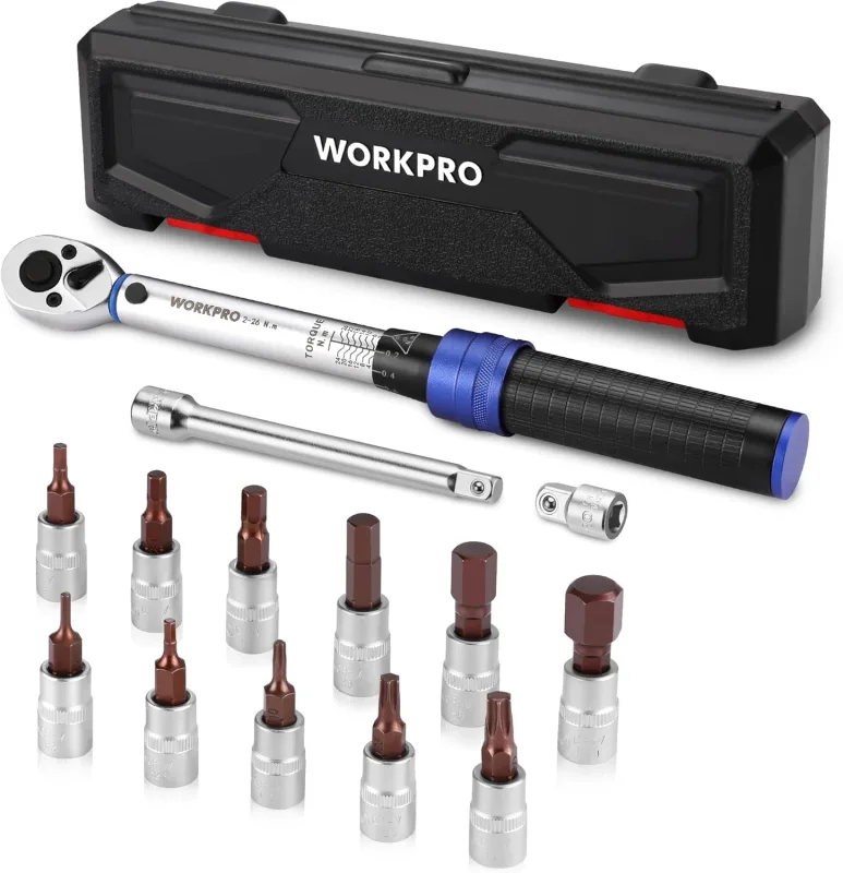WORKPRO 1/4 inch torque wrench, ±3% high precision, 2-26 N·m, 14 piece torque set, 72 tooth ratchet wrench, with extension bar, for car, bike and motorcycle
