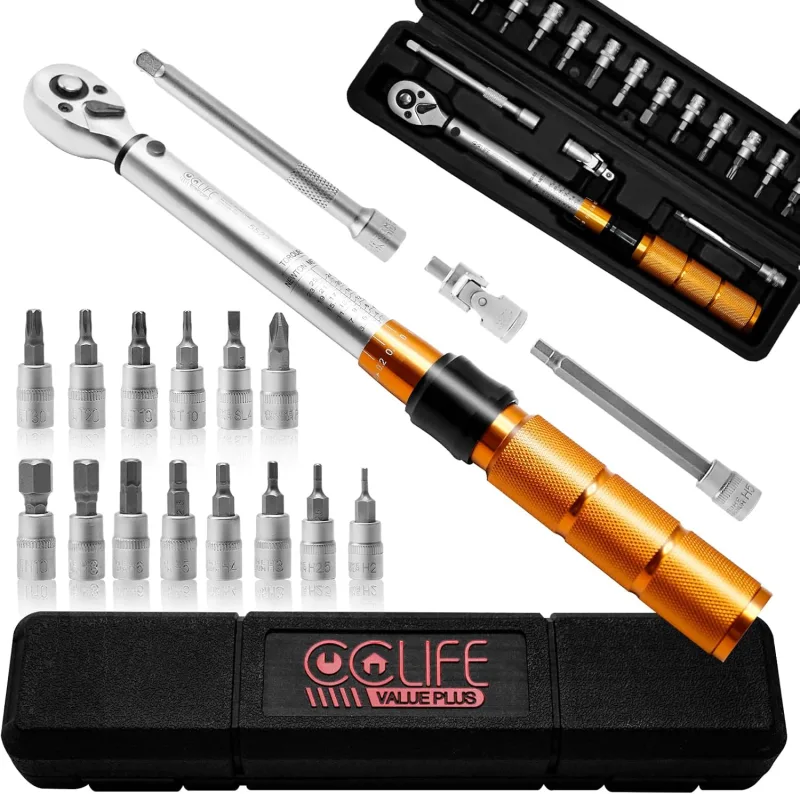 CCLIFE Torque Wrench 1/4 inch, 1-25 Nm Torque Wrench, 19 Piece Maintenance Kit for Bikes and Motorcycles, with 1/4'' CRV Hex and Torx Bits, Universal Joint, 100 m Extension Bar