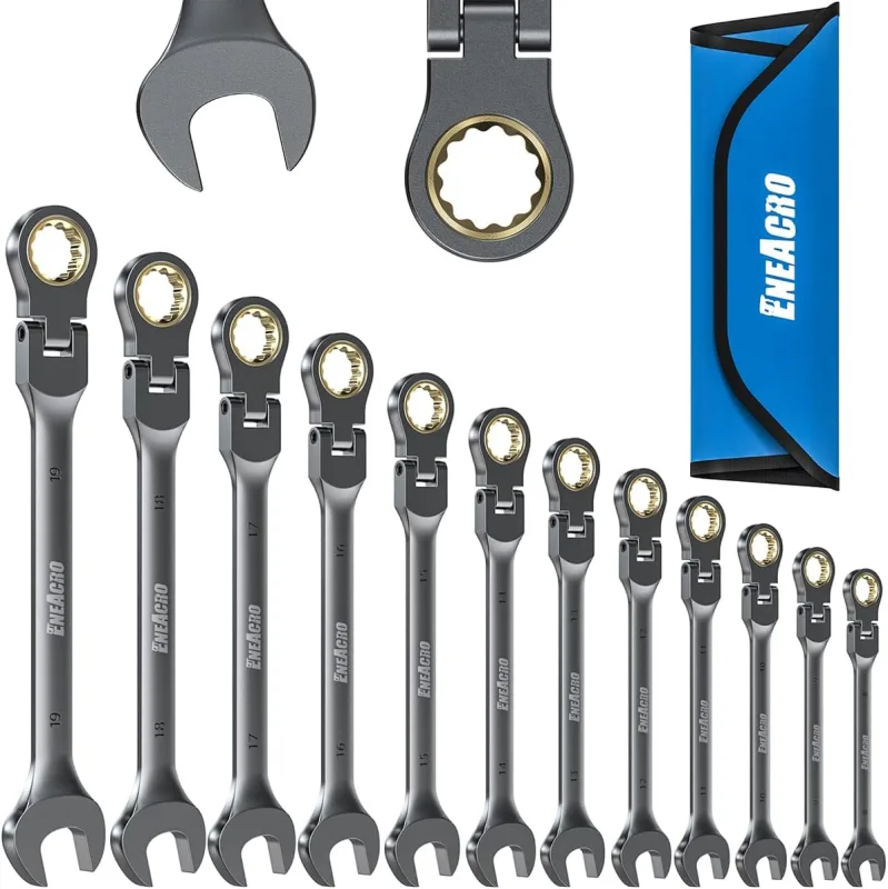 ENEACRO Juego de Llaves de Carraca Combinadas, Juego de Llaves Flexibles Antideslizantes de 12 Piezas, Métricas 8-19mm, 72 Dientes, Construidas en Cr-V, Niqueladas con Bolsa de Almacenaje